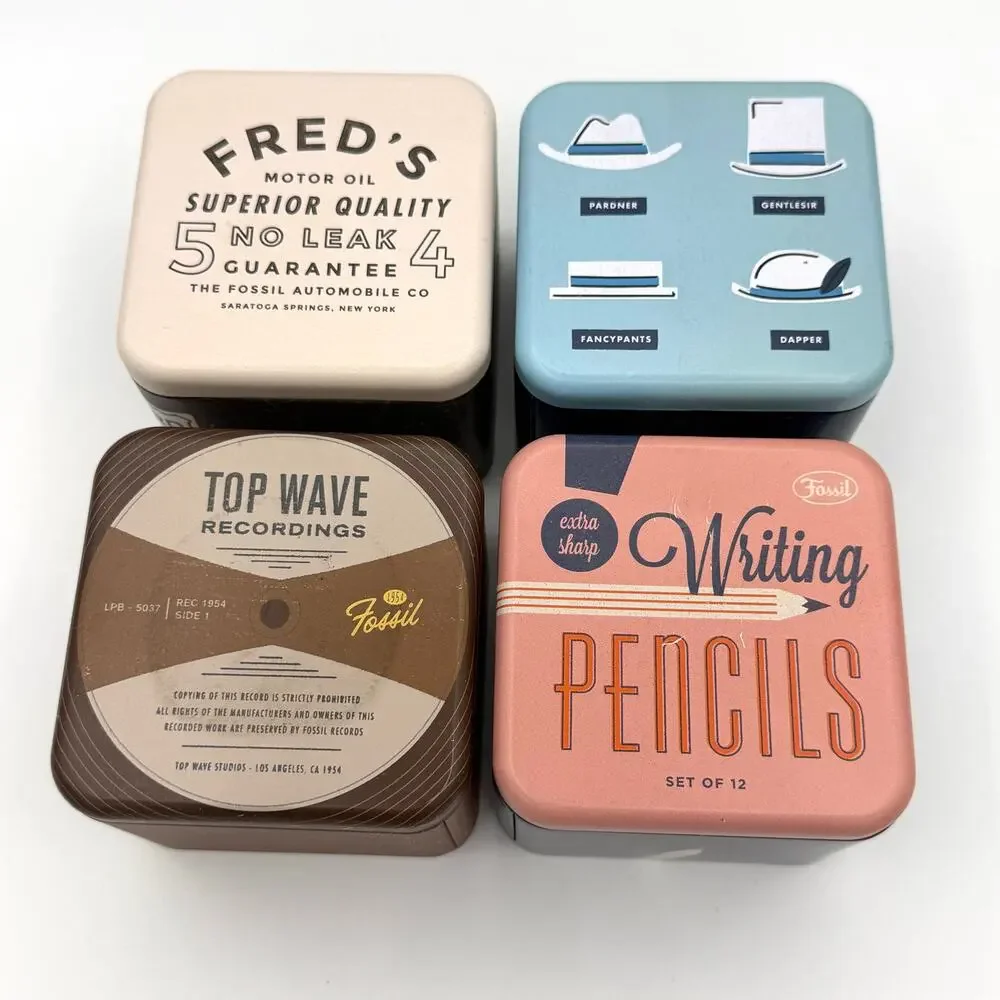 Fossil Collectible Watch Tins Lot of 4 Empty Retro Metal Boxes No Watches